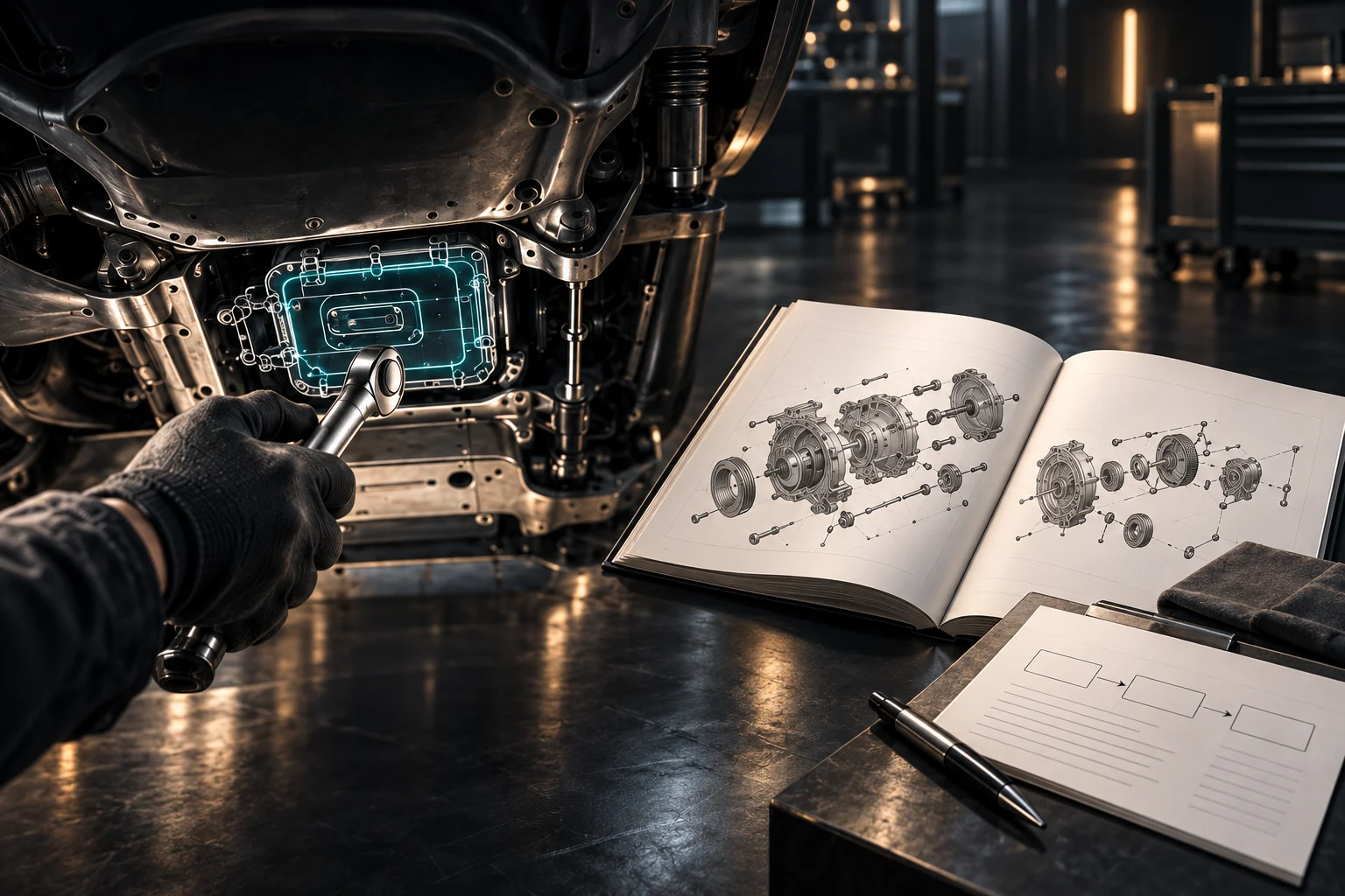 Illustrative service access assessment alongside an open illustrated manual and process sheet